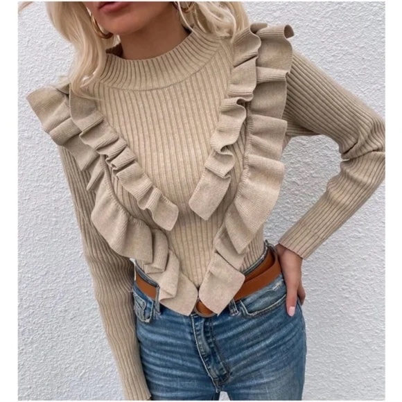 Navy Blue Ruffle Detail Fitted Knit Sweater Top - Picture 7 of 7